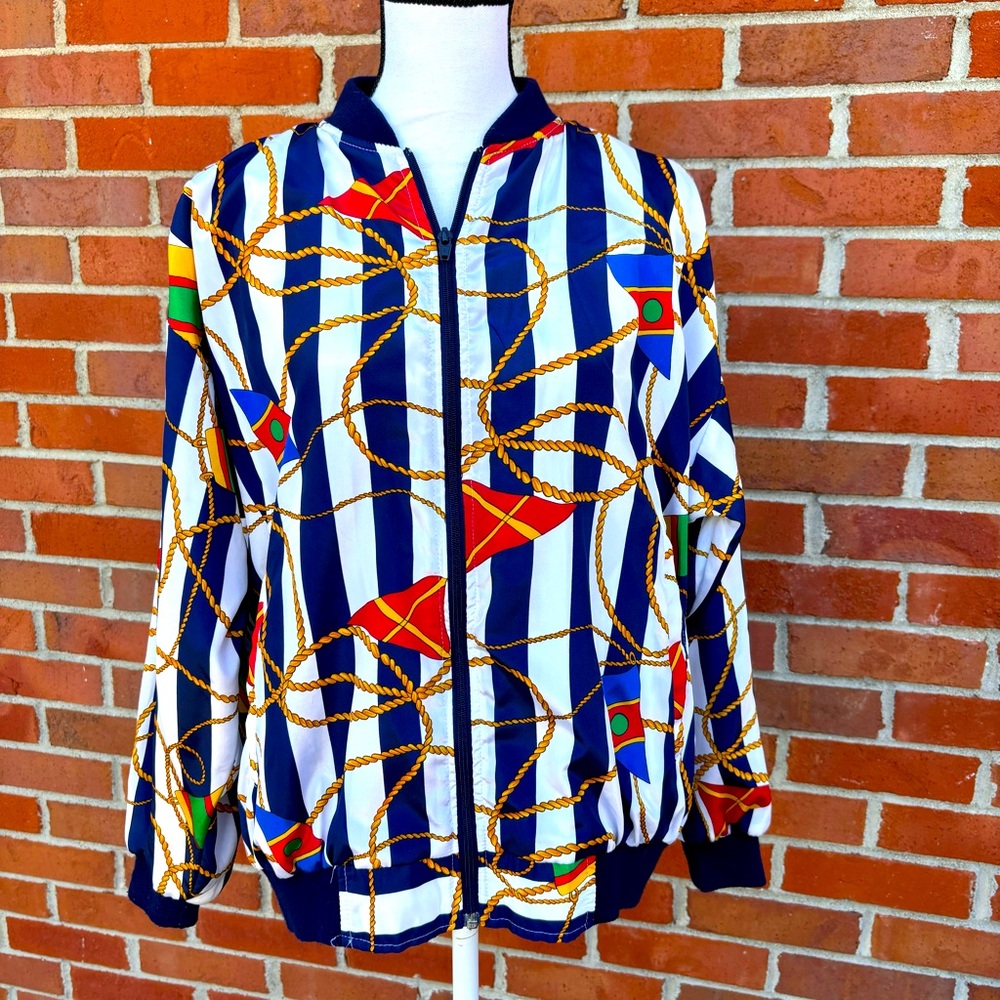 Vintage Striped Nautical Flag Print Zip Front Bomber Jacket One Size Fits Most
